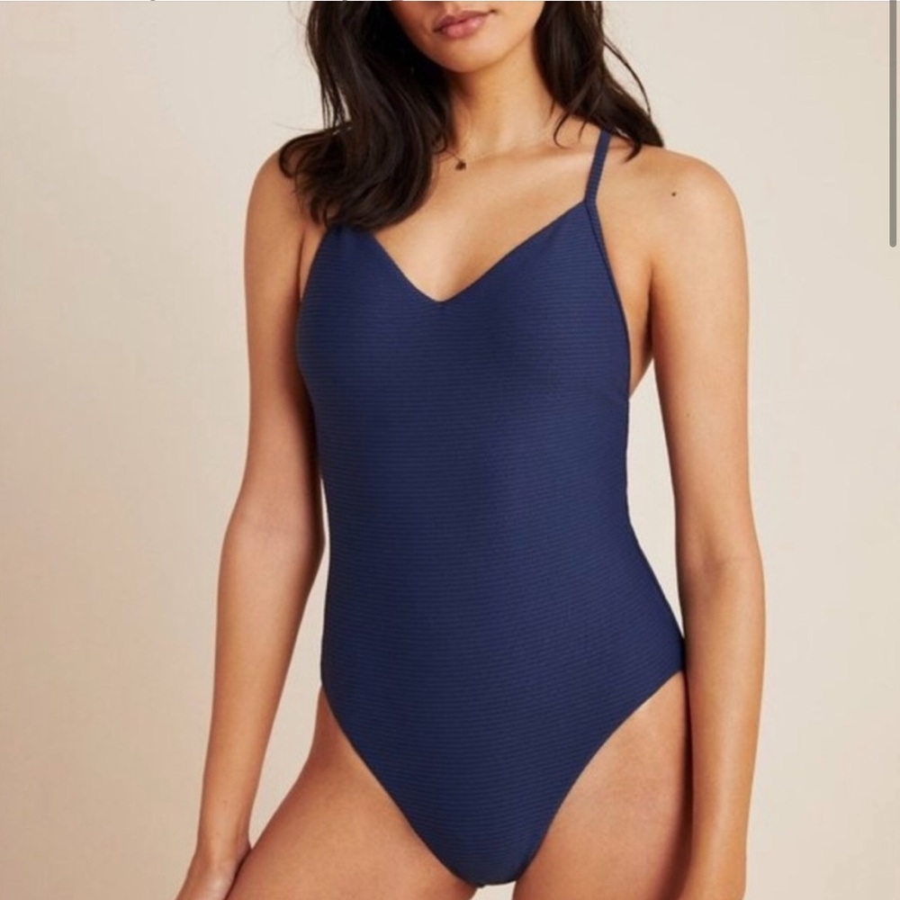Anthropologie Seafolly One Piece Summer Sea C Cup V Neck swimsuit ribbed navy